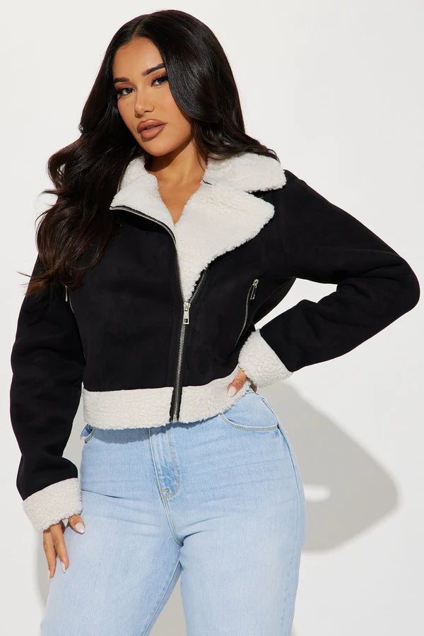 Women’s Black and White Cropped Shearling Jacket