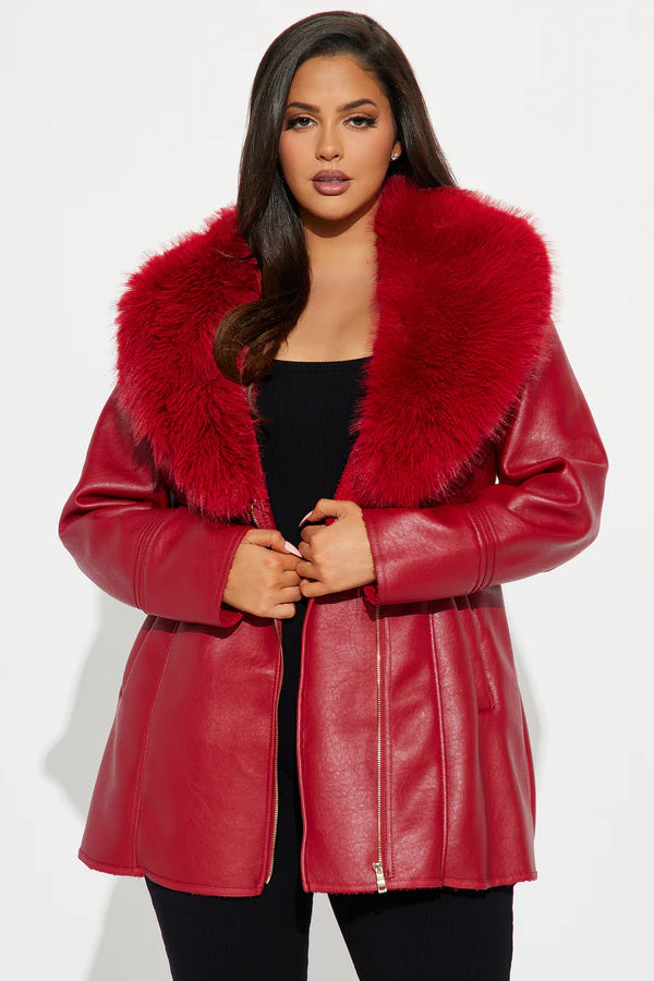 Women’s Red Leather Jacket with Luxurious Faux Fur Collar
