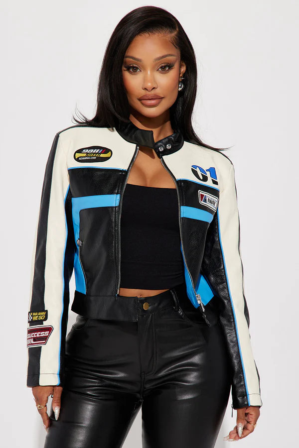 Women’s Black and White Racer Leather Jacket with Blue Accents