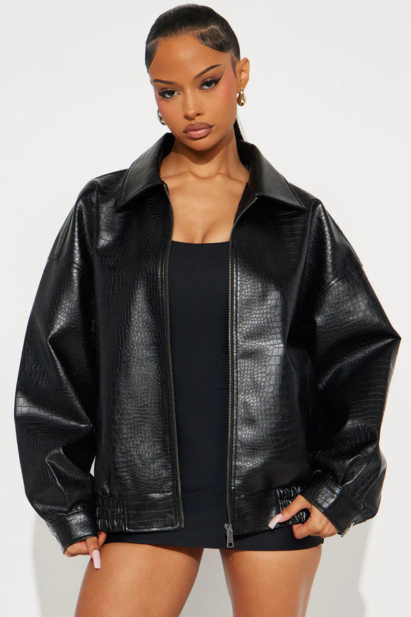 Women’s Black Crocodile Textured Oversized Leather Jacket