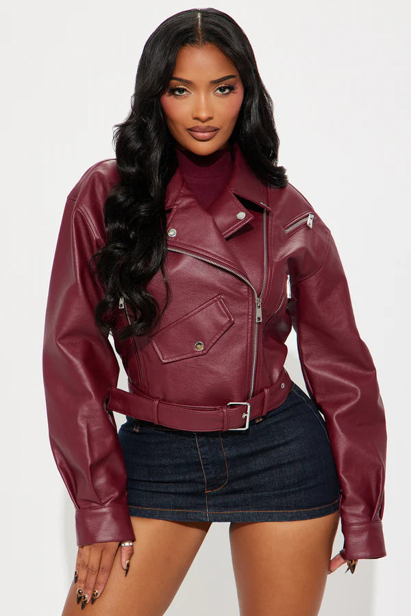 Women’s Maroon Belted Biker Leather Jacket