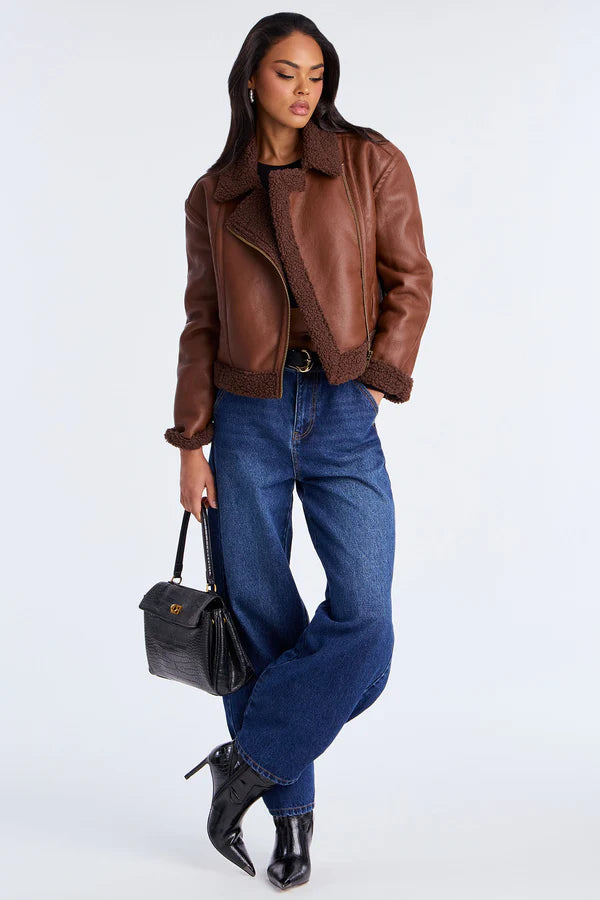 Women’s Brown Faux Leather Shearling Aviator Jacket