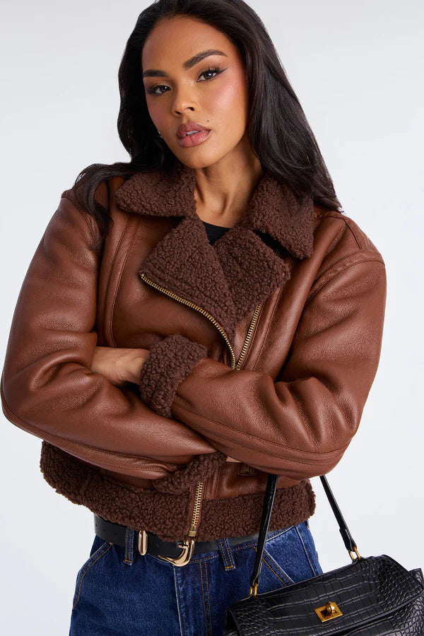 Women’s Brown Faux Leather Shearling Aviator Jacket