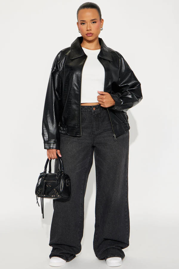 Women’s Black Crocodile Textured Oversized Leather Jacket