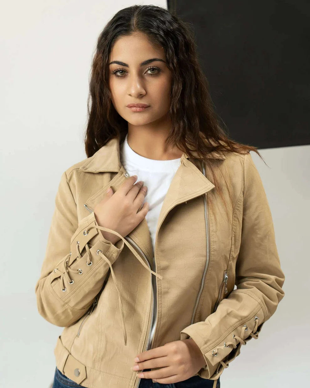 Women’s Beige Suede Leather Jacket with Lace-Up Sleeve Detailing