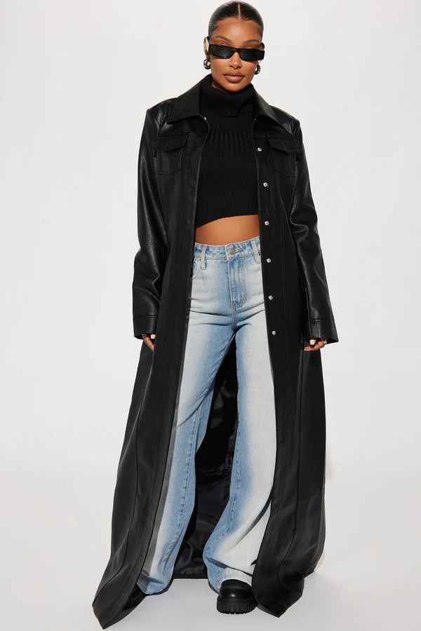 Women’s Long Black Belted Leather Trench Coat