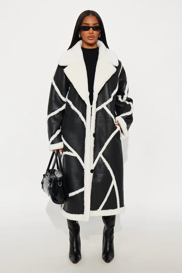 Women’s Black and White Shearling Long Leather Coat