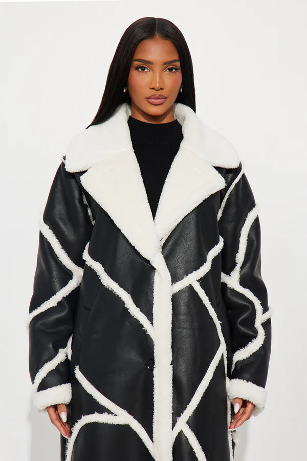 Women’s Black and White Shearling Long Leather Coat