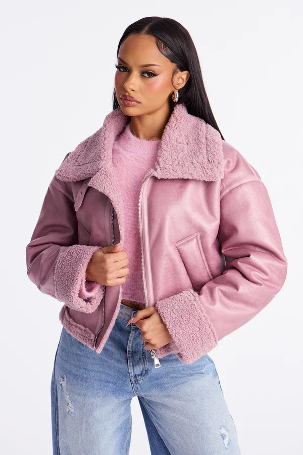 Women’s Pink Faux Shearling Cropped Jacket