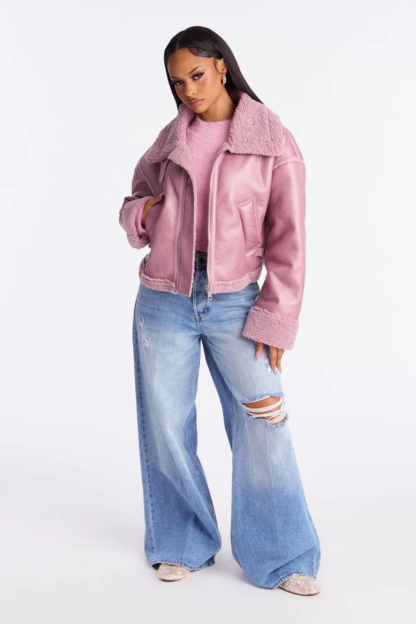 Women’s Pink Faux Shearling Cropped Jacket