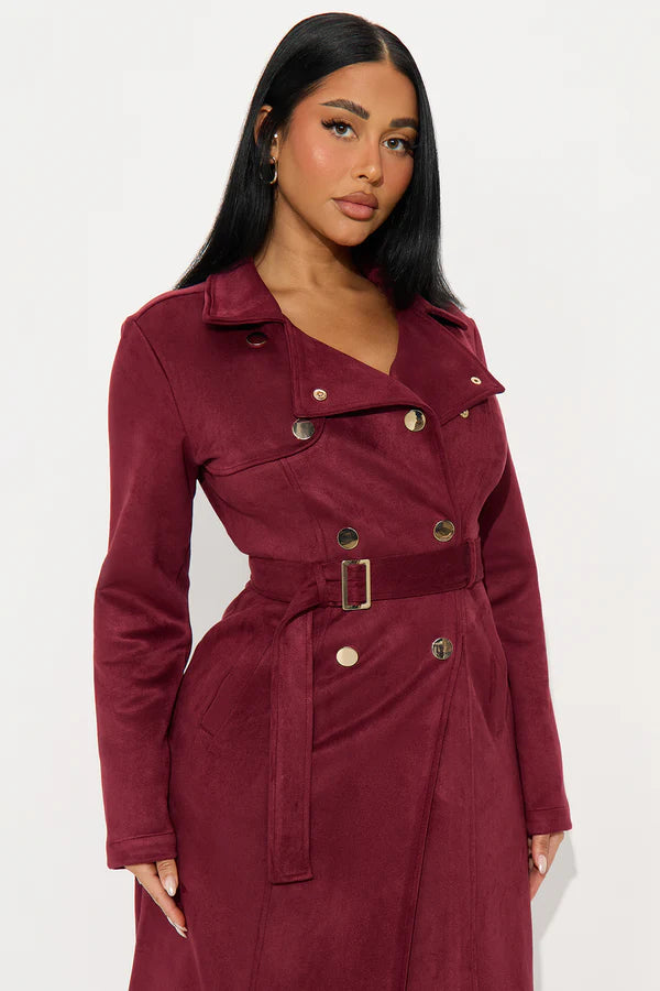 Women’s Burgundy Double-Breasted Belted Trench Coat