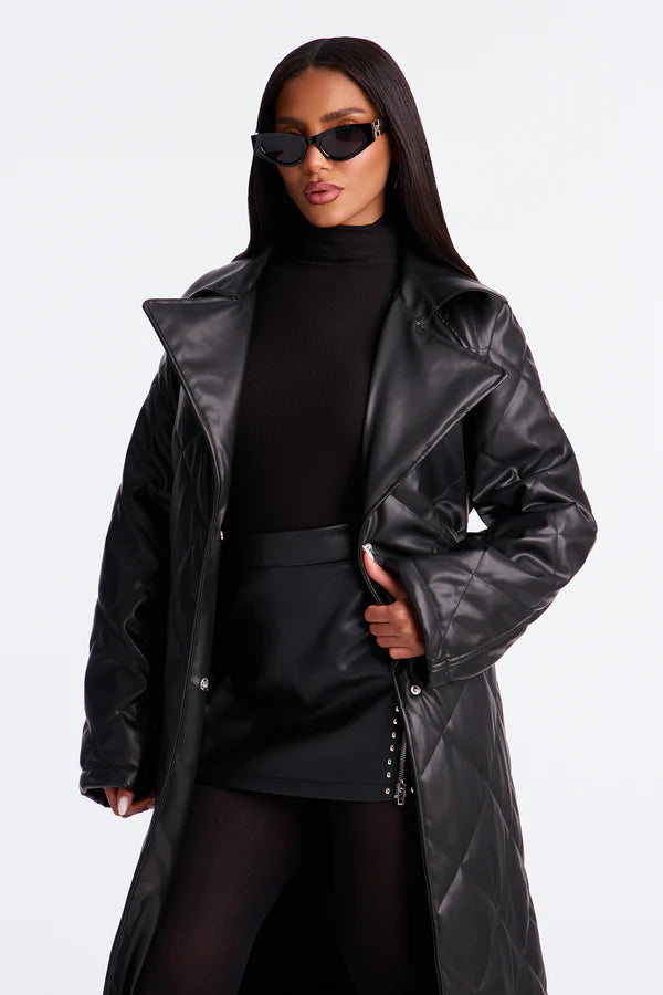 Women’s Long Black Quilted Faux Leather Coat with Belt