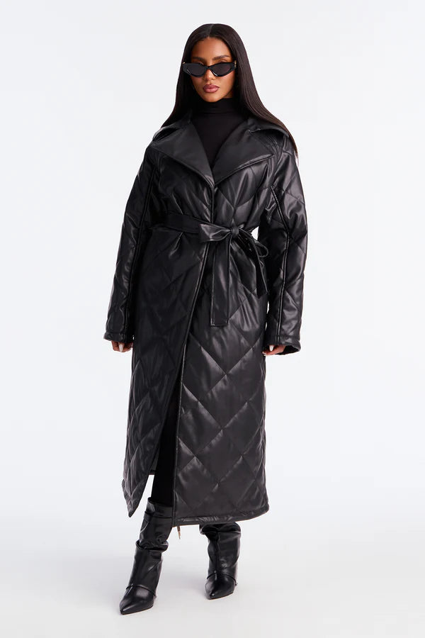 Women’s Long Black Quilted Faux Leather Coat with Belt
