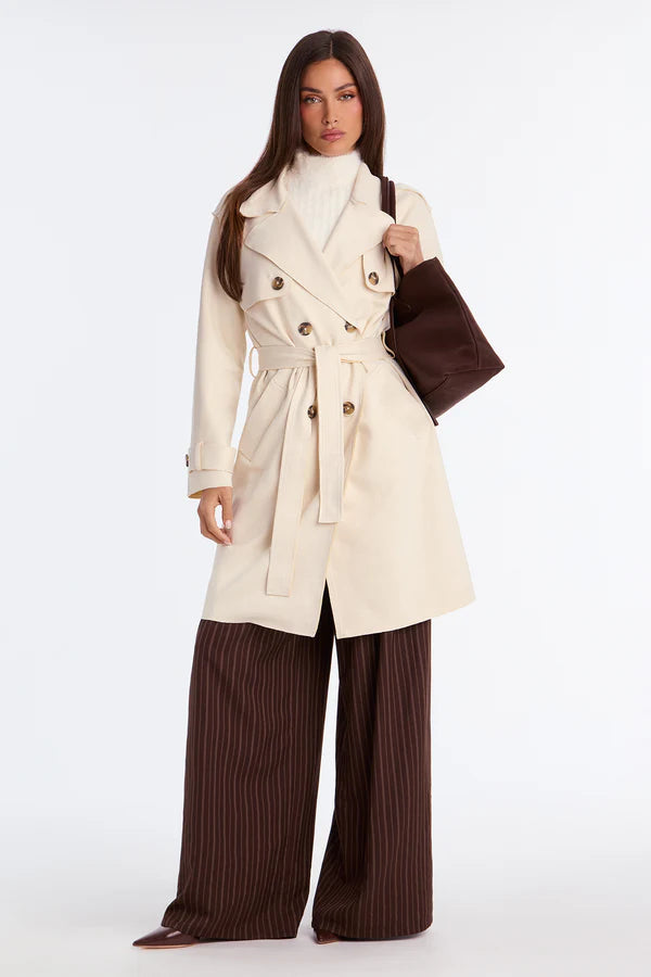 Women’s Classic Beige Double-Breasted Trench Coat with Belt