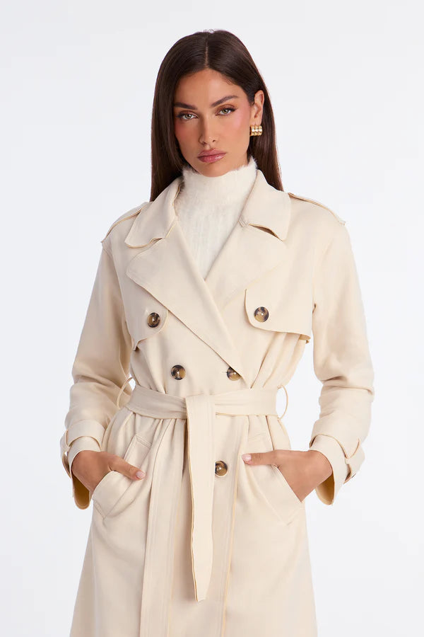 Women’s Classic Beige Double-Breasted Trench Coat with Belt