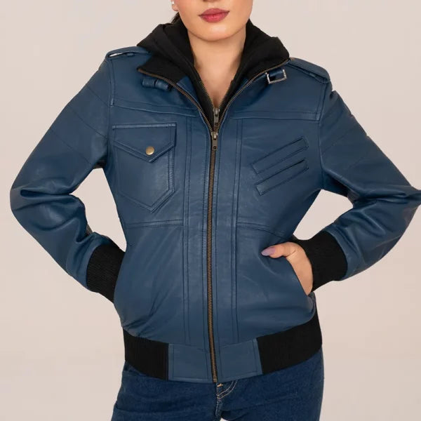 Women’s Blue Leather Jacket  – Chic Winter Outerwear