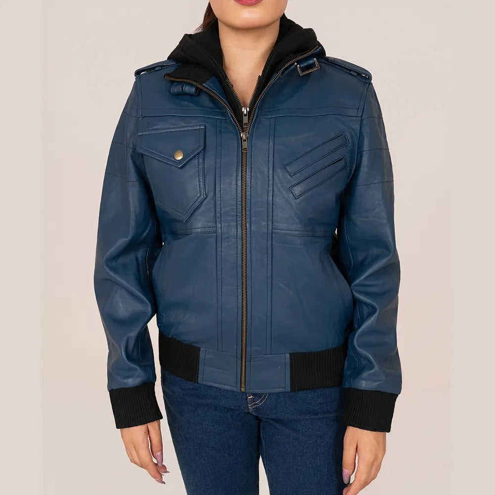 Women’s Blue Leather Jacket  – Chic Winter Outerwear