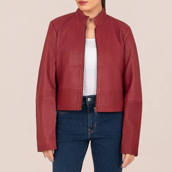 Women’s Red Leather Jacket – Elegant Slim Fit Style