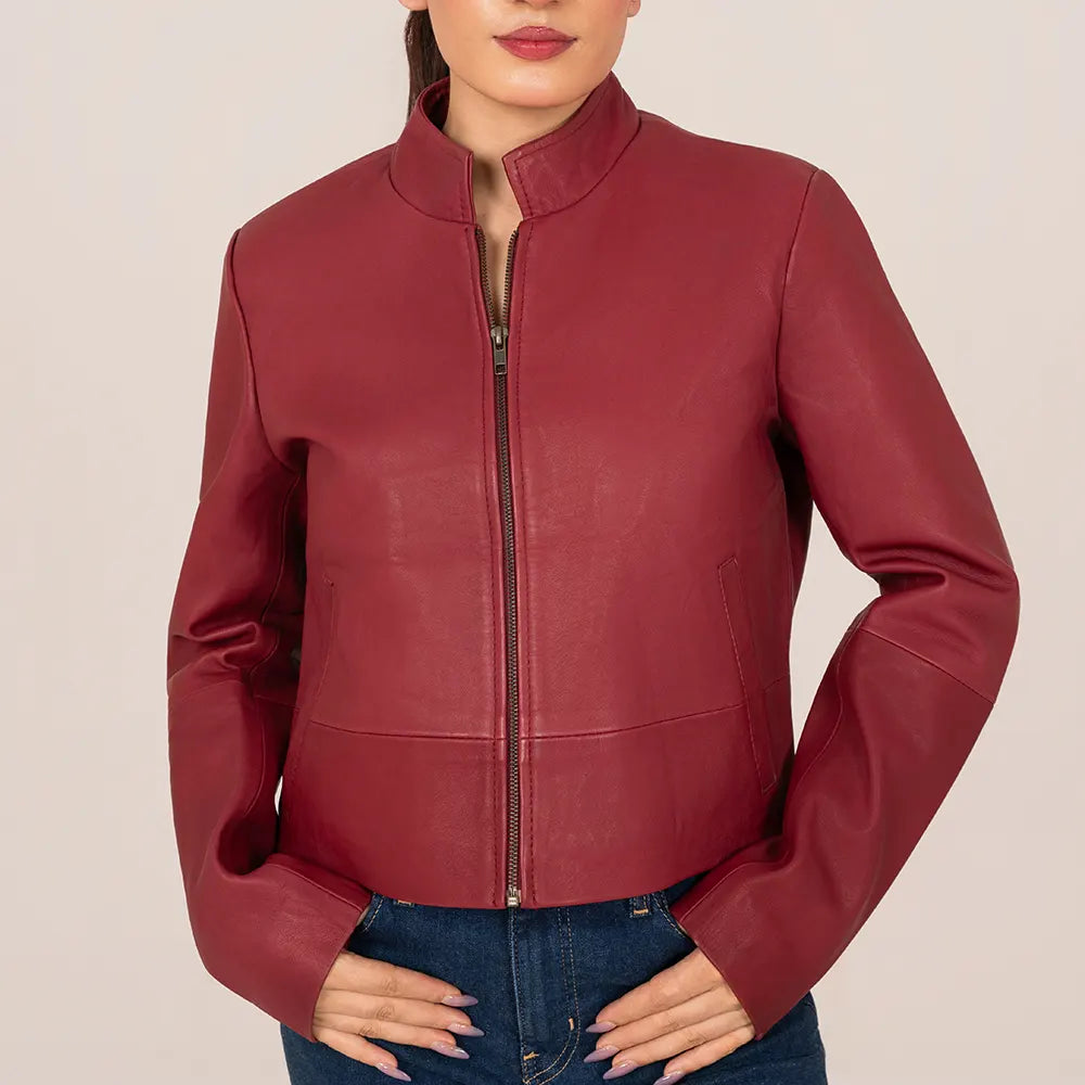 Women’s Red Leather Jacket – Elegant Slim Fit Style
