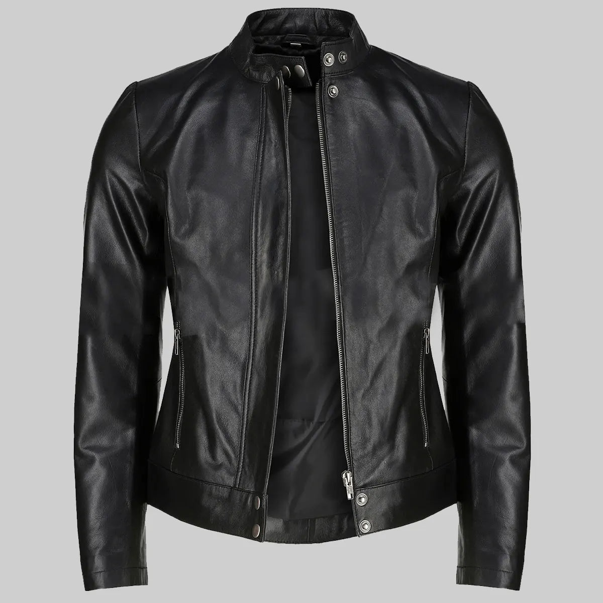 Women’s Black Leather Moto Jacket with Stand Collar