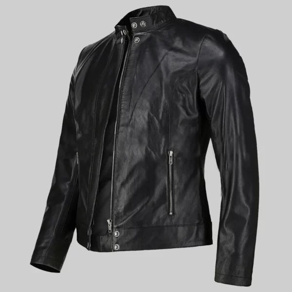 Women’s Black Leather Moto Jacket with Stand Collar