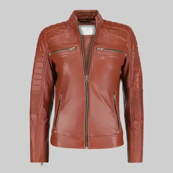 Women's Rust Brown Biker Leather Jacket – Quilted Shoulder & Sleeve Design