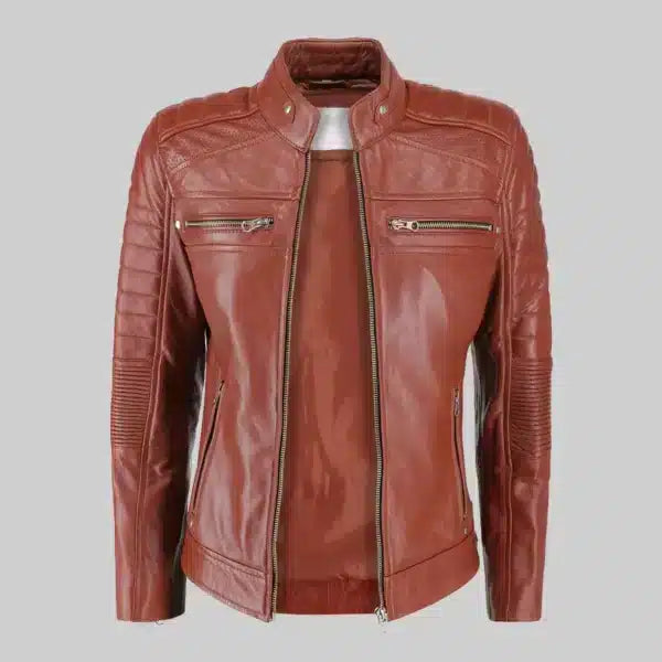Women's Rust Brown Biker Leather Jacket – Quilted Shoulder & Sleeve Design