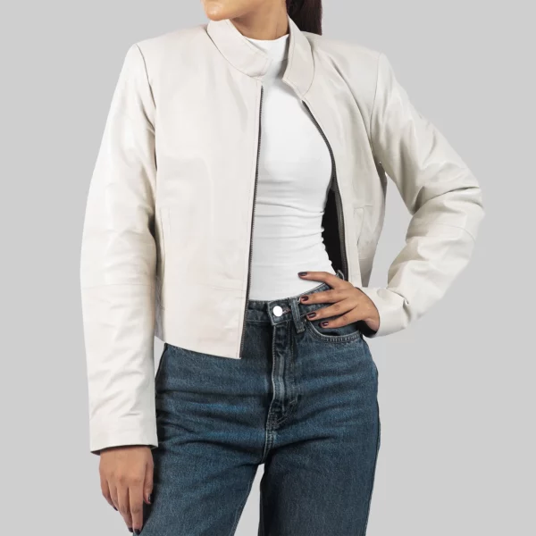 Women's White Leather Jacket – Minimalist Slim Fit Design
