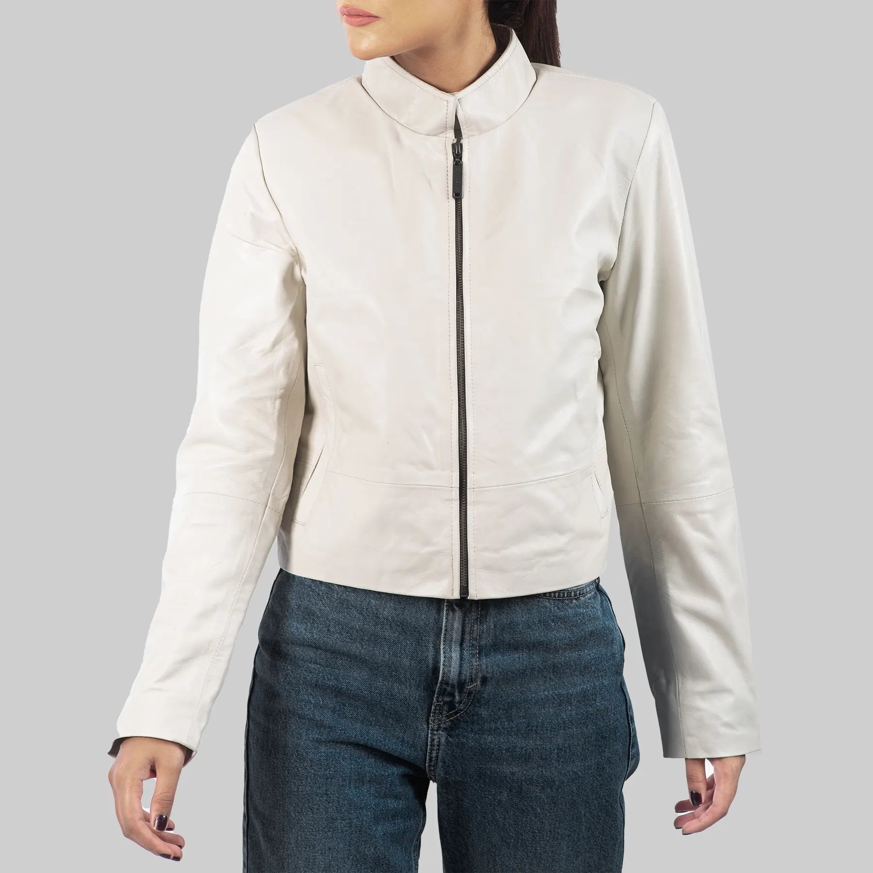 Women's White Leather Jacket – Minimalist Slim Fit Design