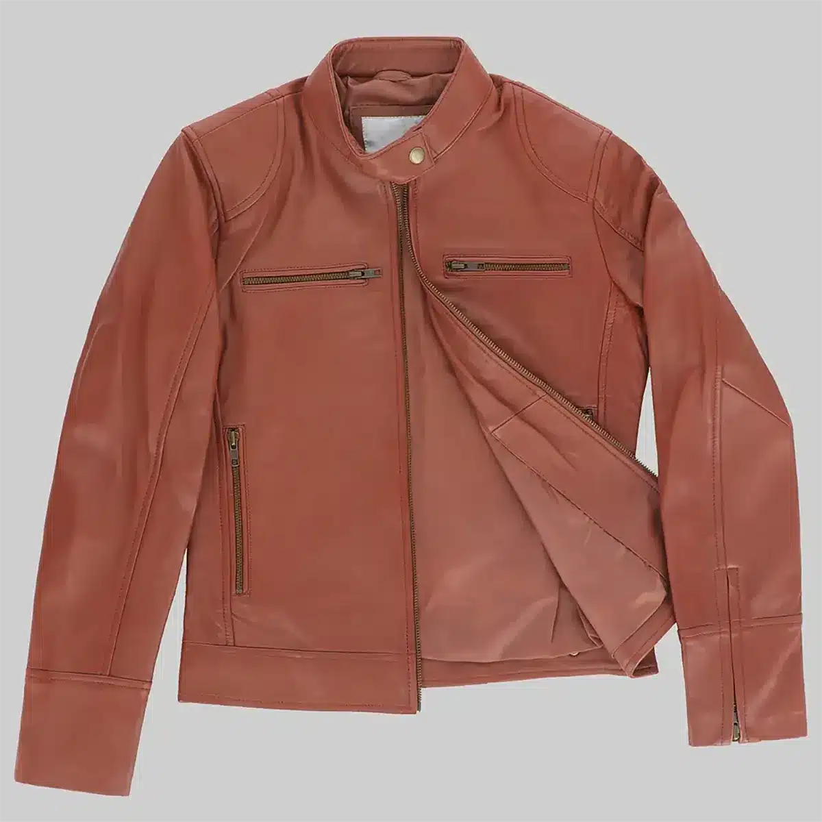 Women’s Rust Brown Leather Moto Jacket with Zip Pockets