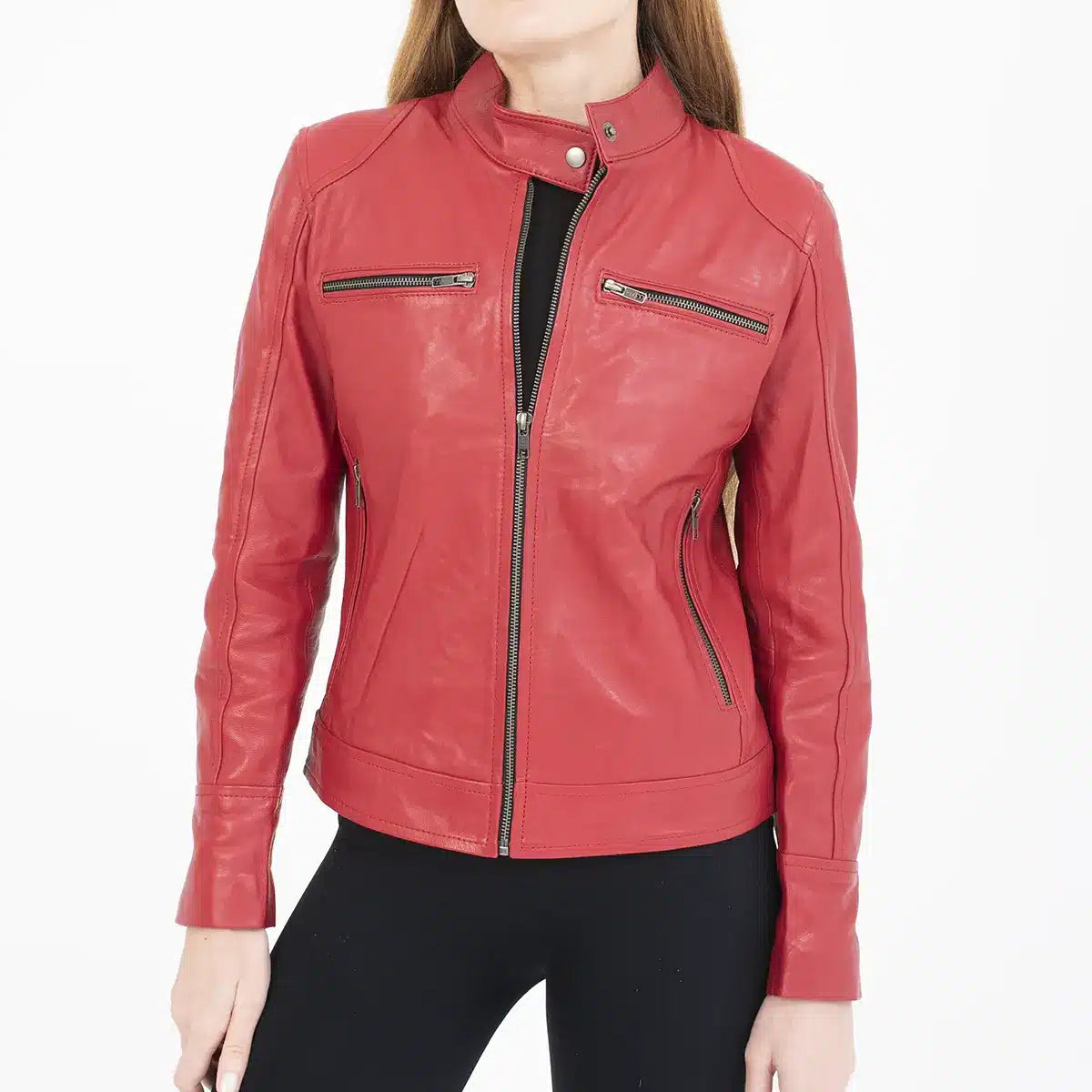 Women's Red Leather Jacket – Classic Moto Style with Zipper Details