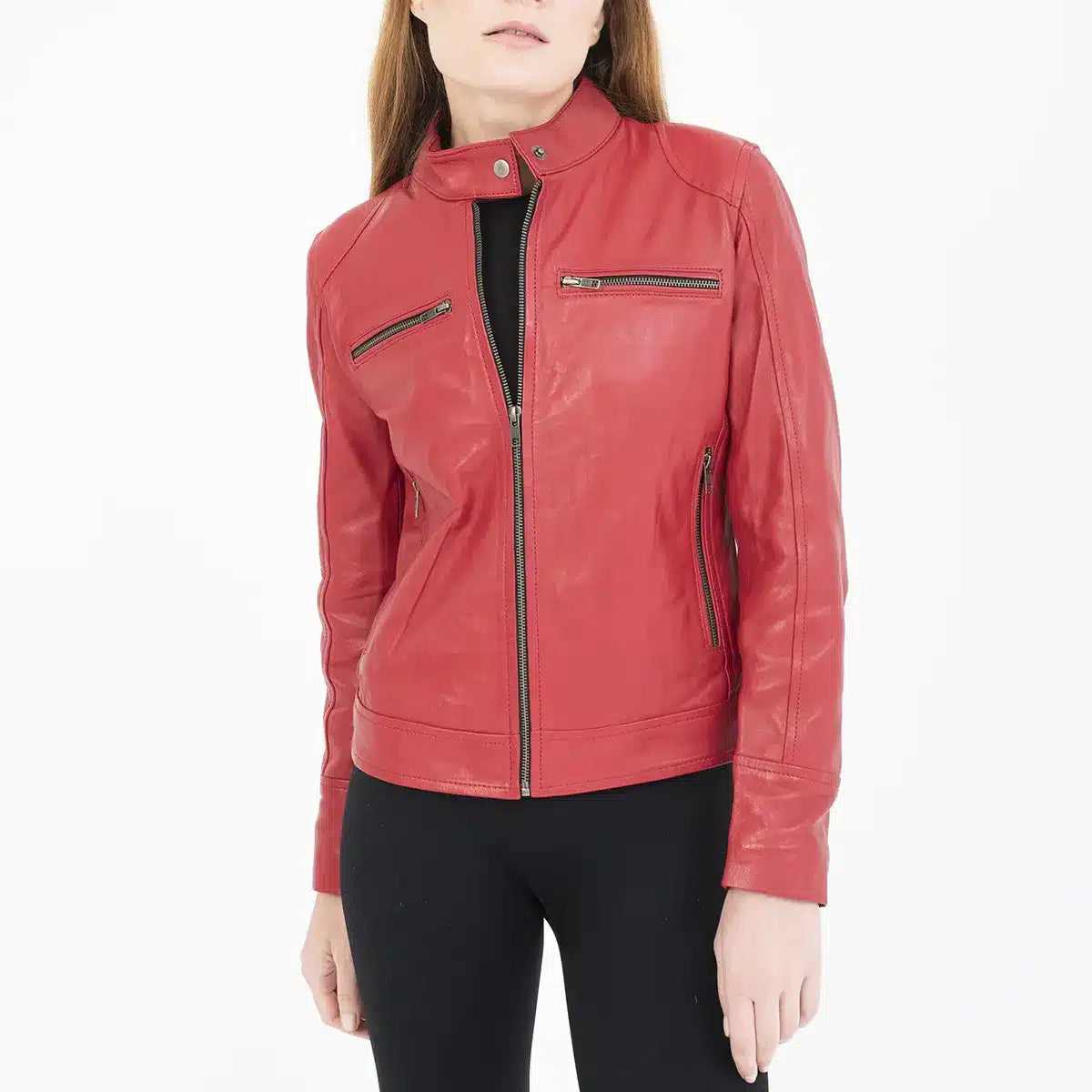 Women's Red Leather Jacket – Classic Moto Style with Zipper Details