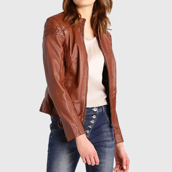 Women's Brown Leather Jacket – Stylish Slim Fit Biker Look