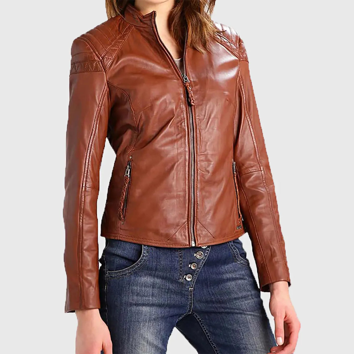 Women's Brown Leather Jacket – Stylish Slim Fit Biker Look