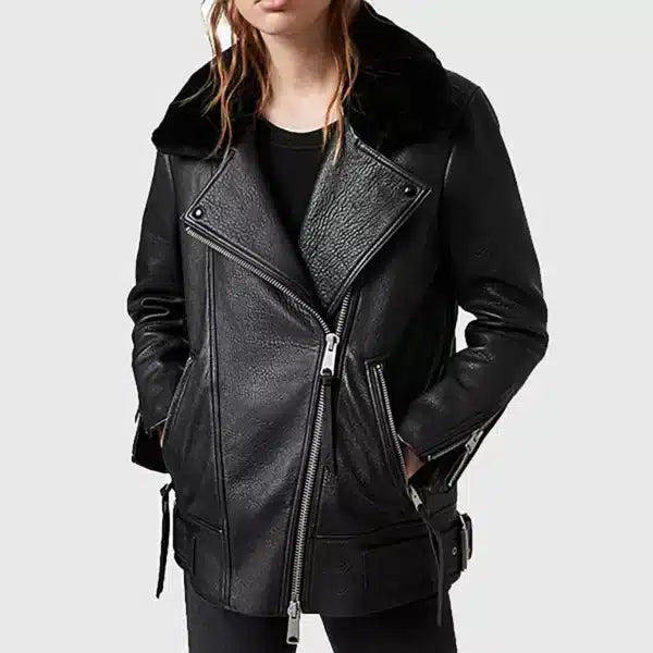 Women’s Black Leather Biker Jacket with Faux Fur Collar