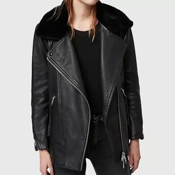 Women’s Black Leather Biker Jacket with Faux Fur Collar