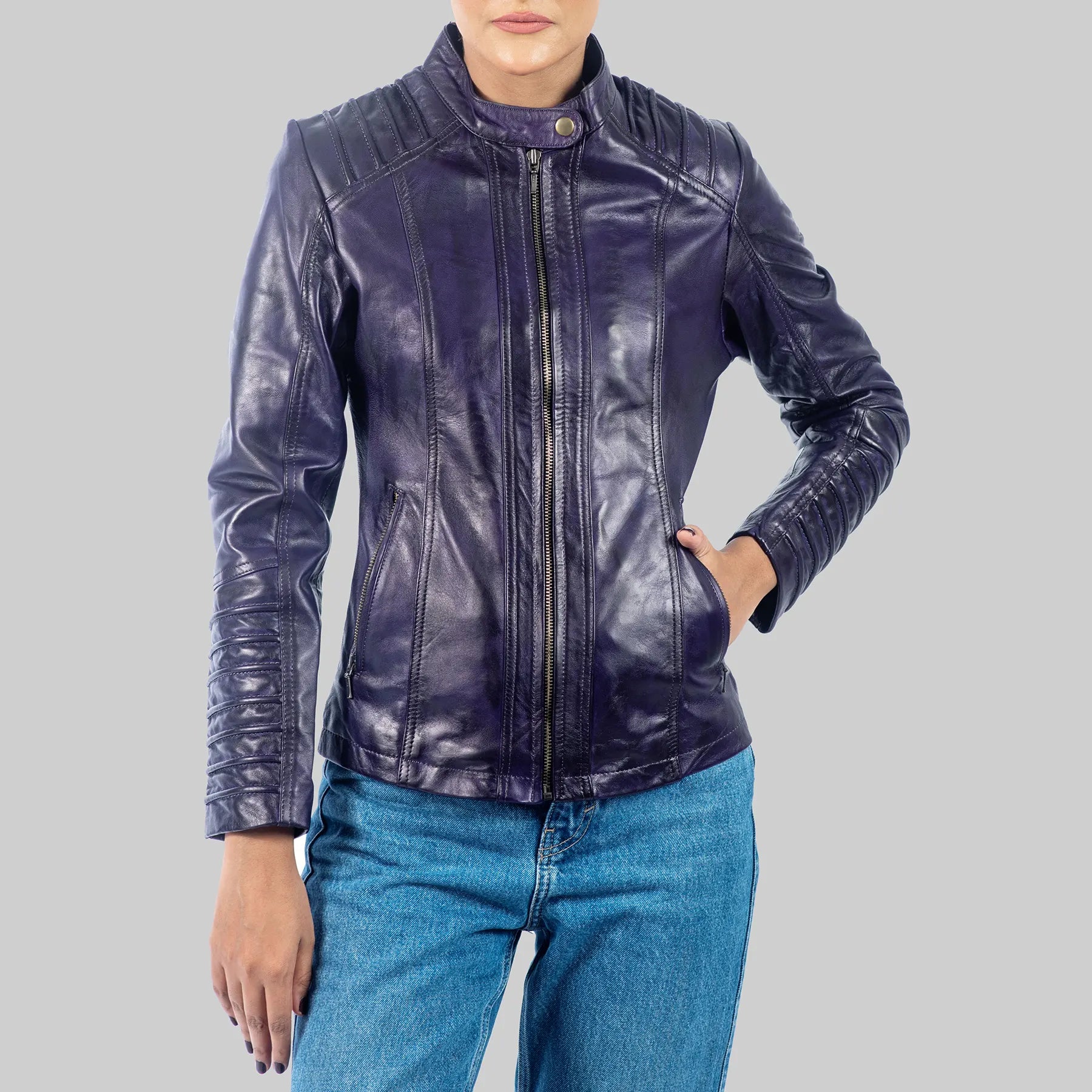 Women's Purple Leather Jacket – Stylish Quilted Design