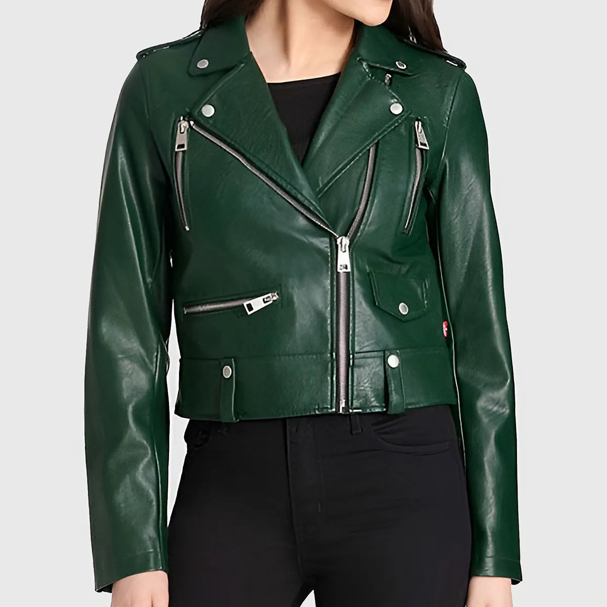 Women's Green Leather Biker Jacket – Trendy Moto Style with Zipper Detailing