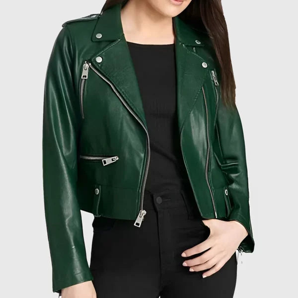 Women's Green Leather Biker Jacket – Trendy Moto Style with Zipper Detailing
