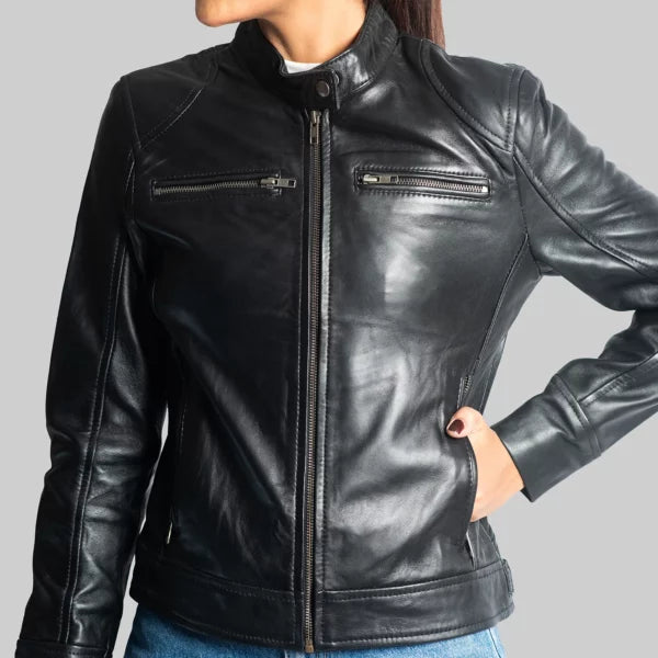 Women's Black Leather Jacket – Classic Moto Style with Zipper Pockets