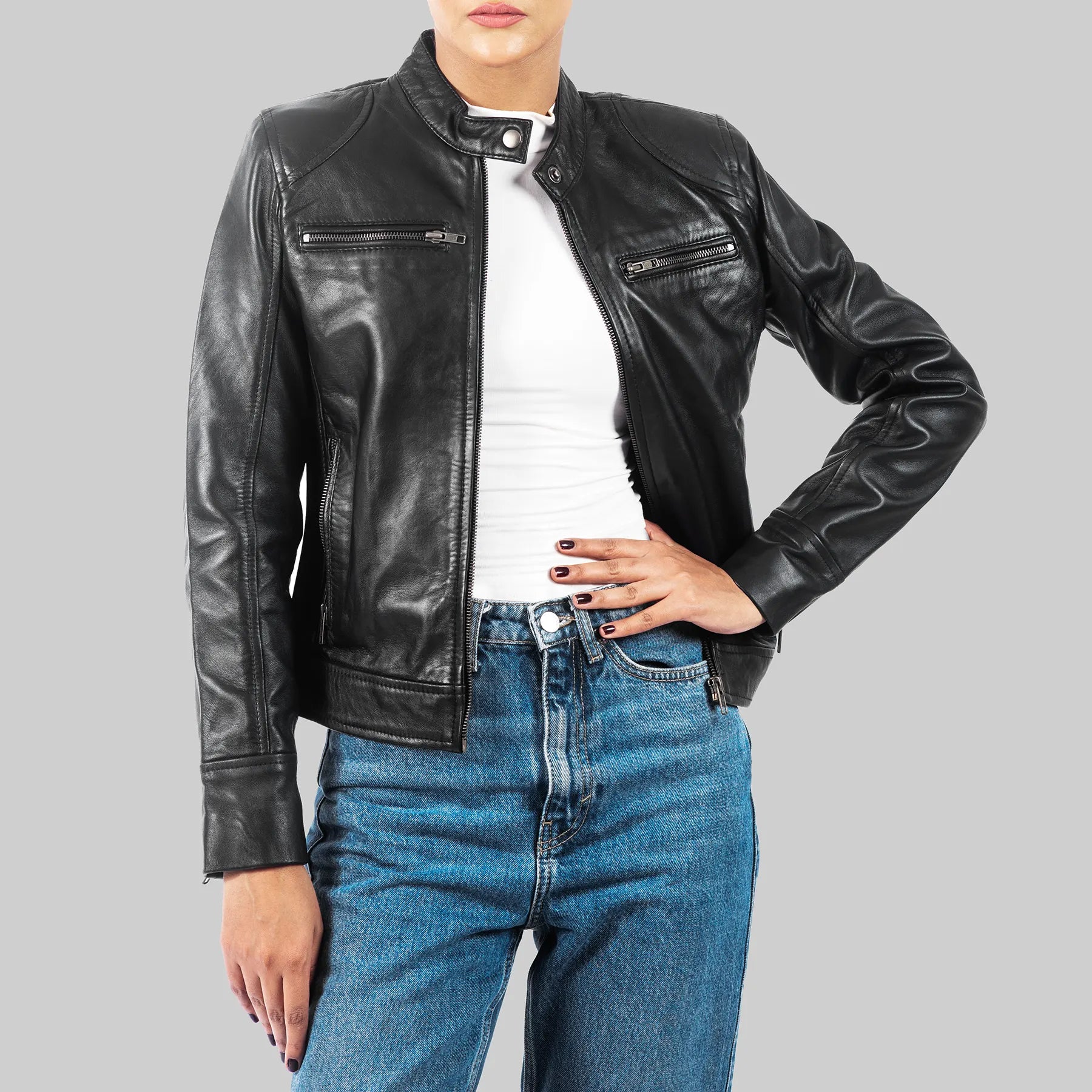 Women's Black Leather Jacket – Classic Moto Style with Zipper Pockets
